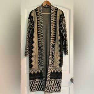 MAXSPORT Geometric Black Beige Cream Knit Boho Cardigan Sweater Women's L